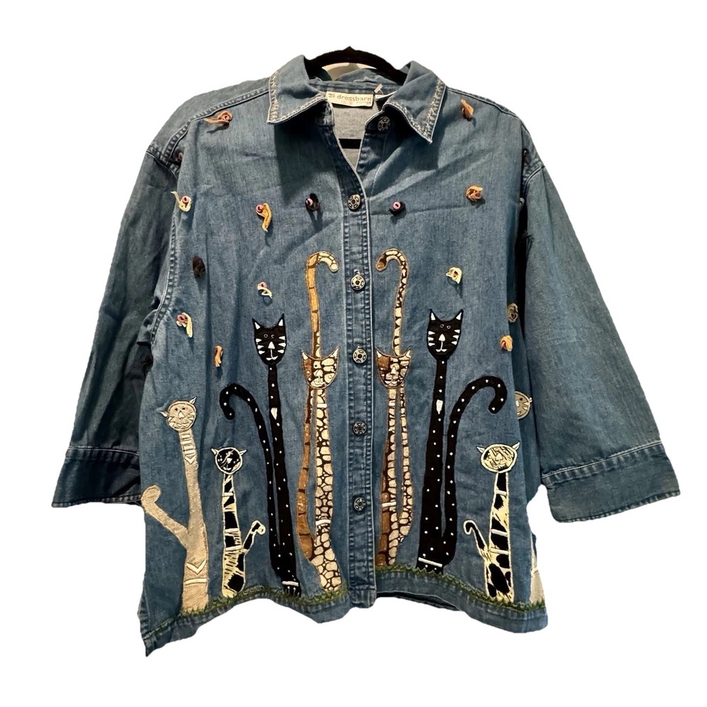 Dress Barn Denim Cats Embroidered Shacket Women's Sz 2X Cottage VTG 90s Grandma